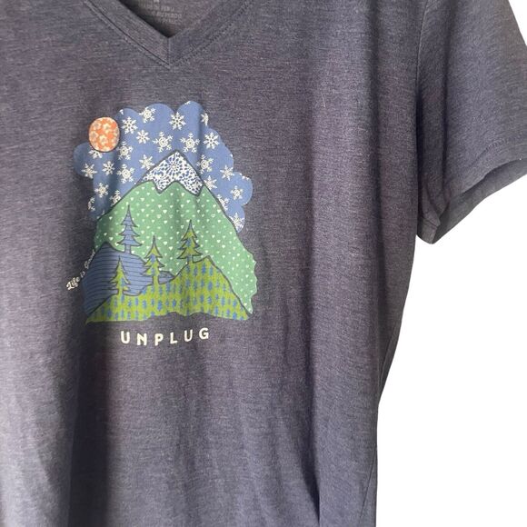 Life Is Good Women's Medium V Neck Blue Unplug Snow Mountains Outdoor T Shirt - Picture 4 of 9